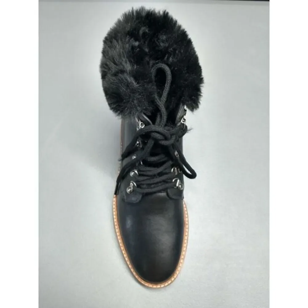 Botkier Winter Snow Boots Womens Size 6 Black Leather Faux Fur‎ Lining Lace Up